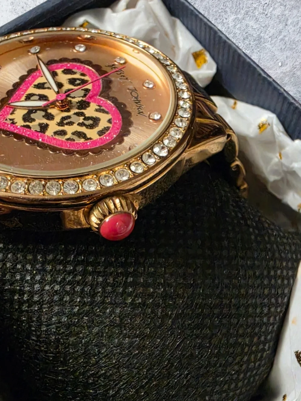 Betsey Johnson Rose Gold Watch with Pink Leopard Heart and Crystal Accents